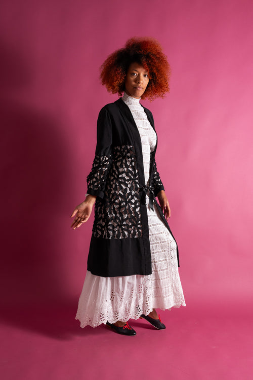 1920s Black Silk Floral Cutout Jacket [xs/sm/med]