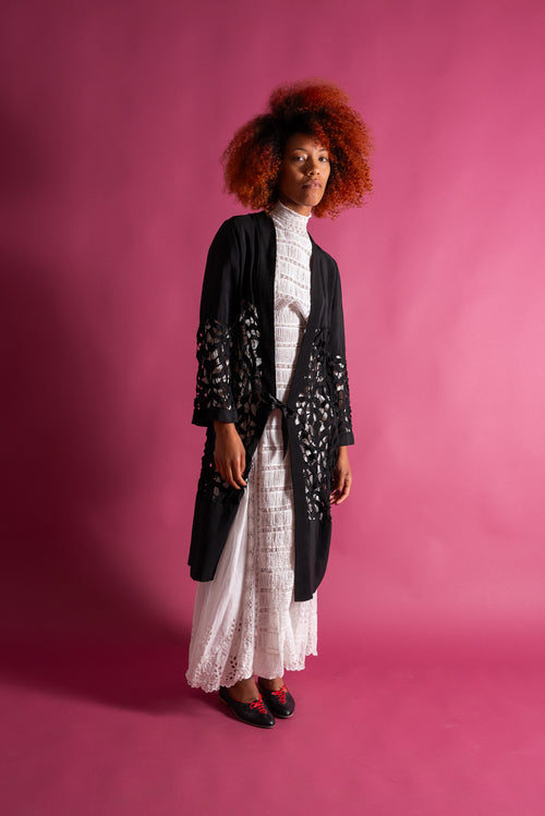 1920s Black Silk Floral Cutout Jacket [xs/sm/med]