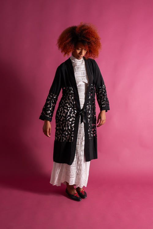 1920s Black Silk Floral Cutout Jacket [xs/sm/med]
