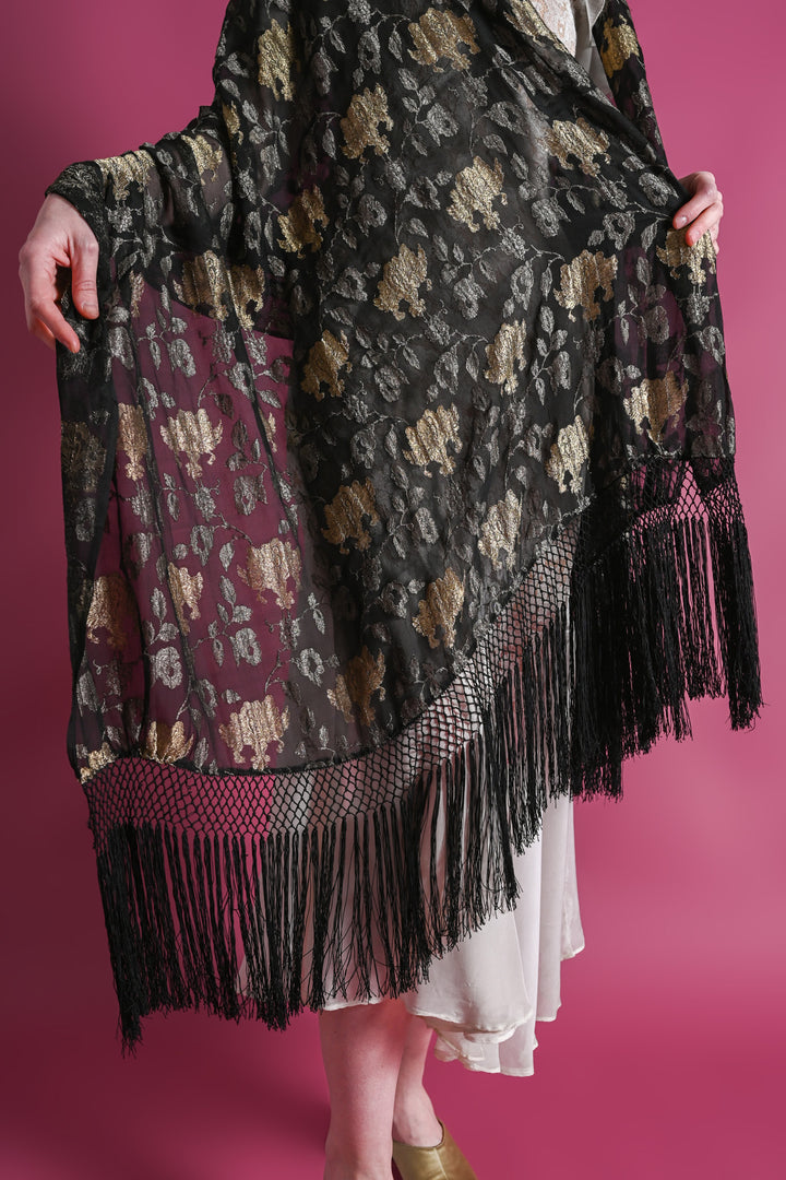 1920s Gold + Silver Lamé Fringe Shawl