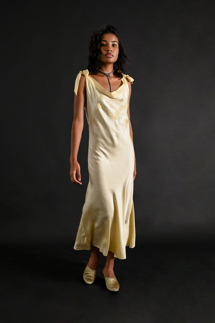 1930s Butter Yellow Silk Monogrammed Gown [sm/med/lrg]