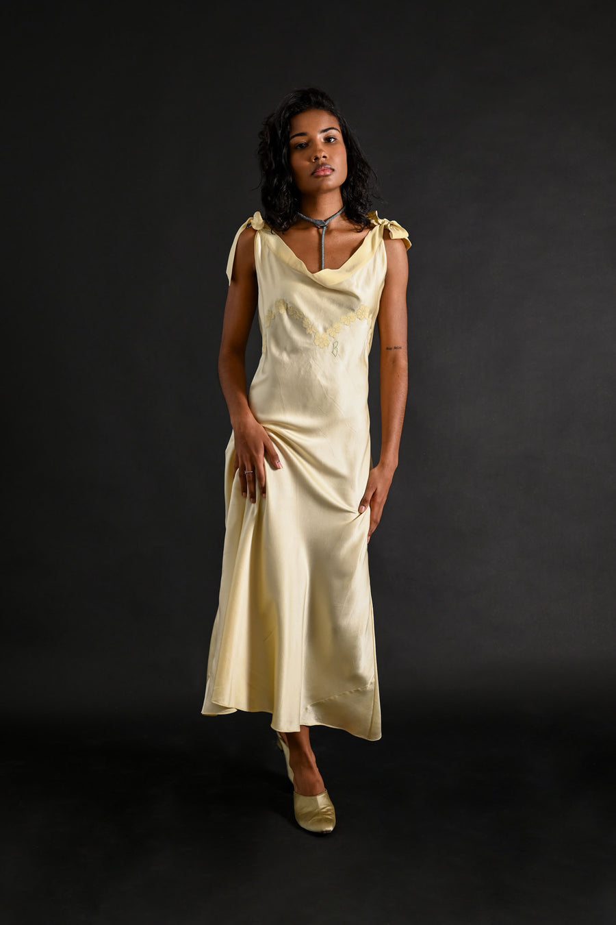 1930s Butter Yellow Silk Monogrammed Gown [sm/med/lrg]