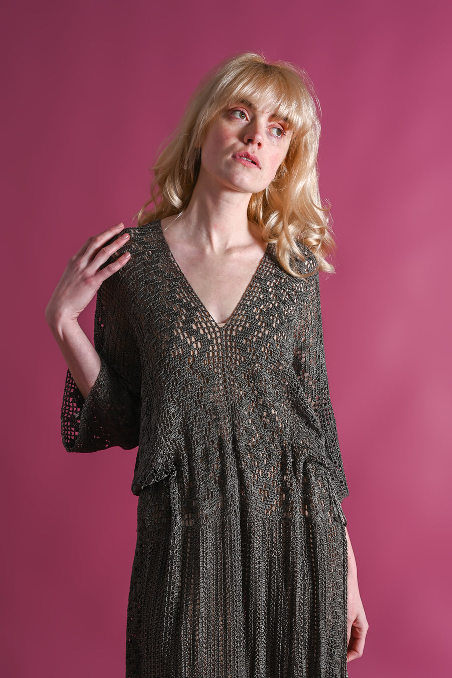 1920s Gunmetal Rayon Crochet Dress w Tassels [OS]