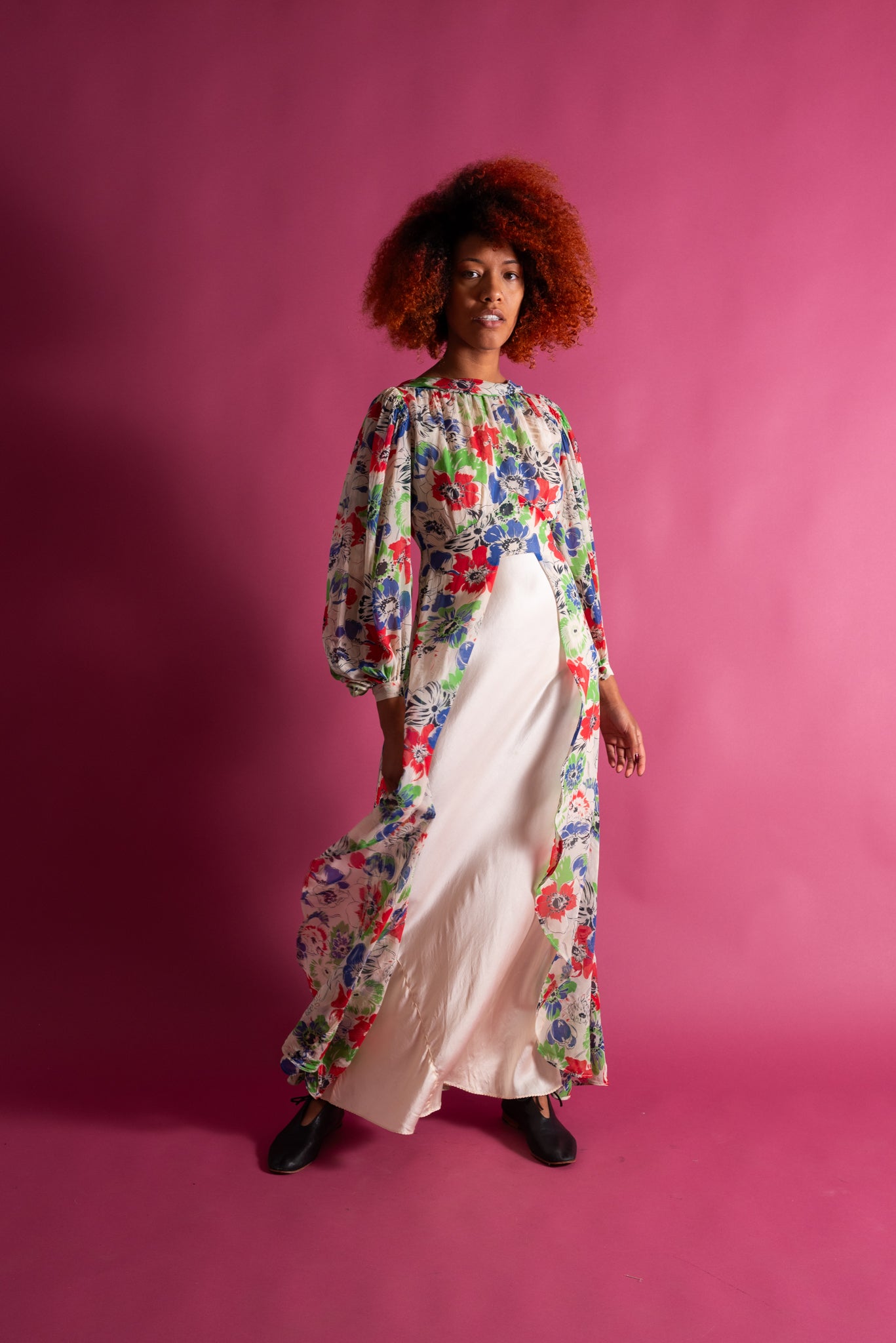 1930s Silk Chiffon Balloon Sleeve Cutaway Gown [xs/sm]