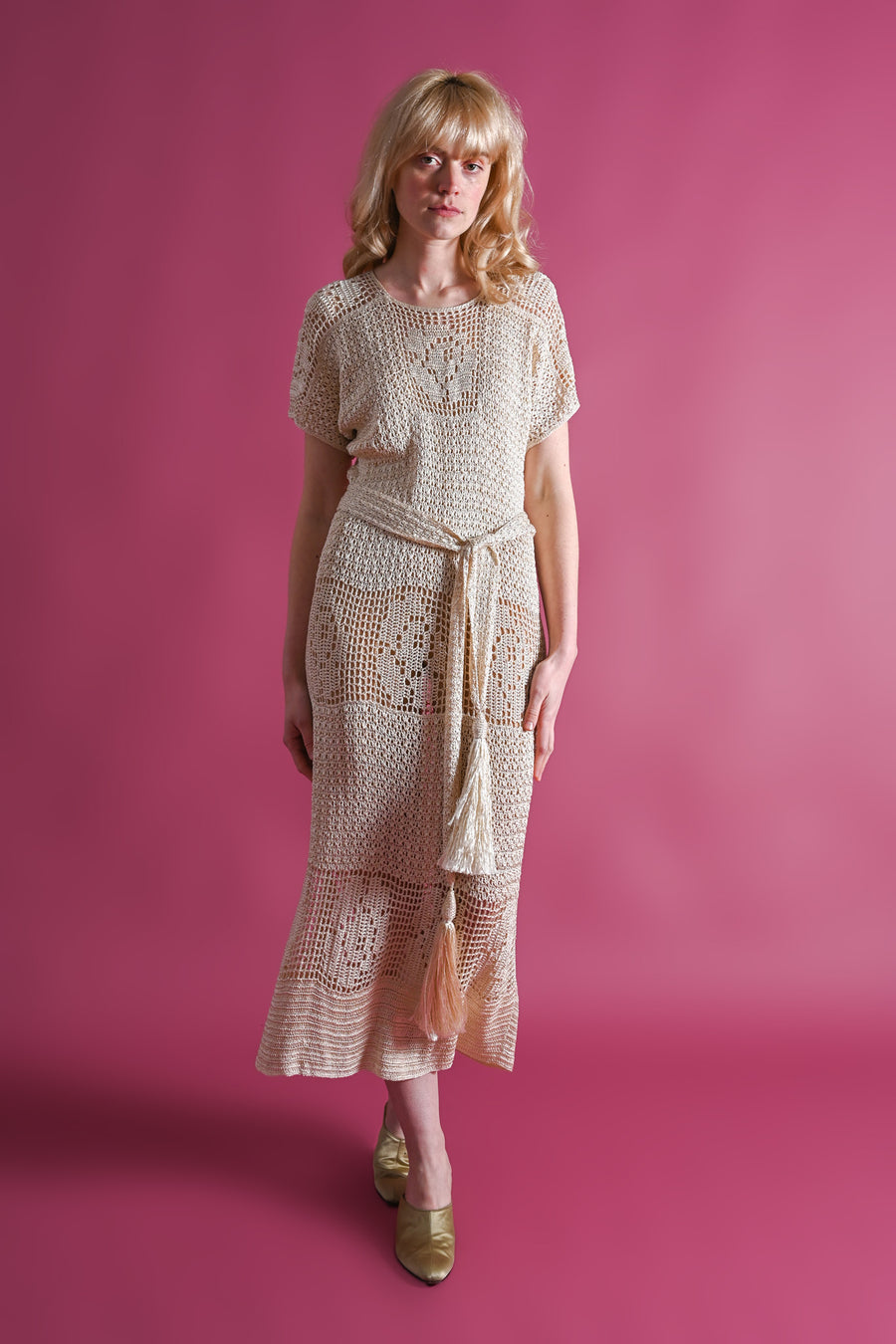 1920s Rayon Crochet Dress and Tassel Belt [sm/med/lrg]