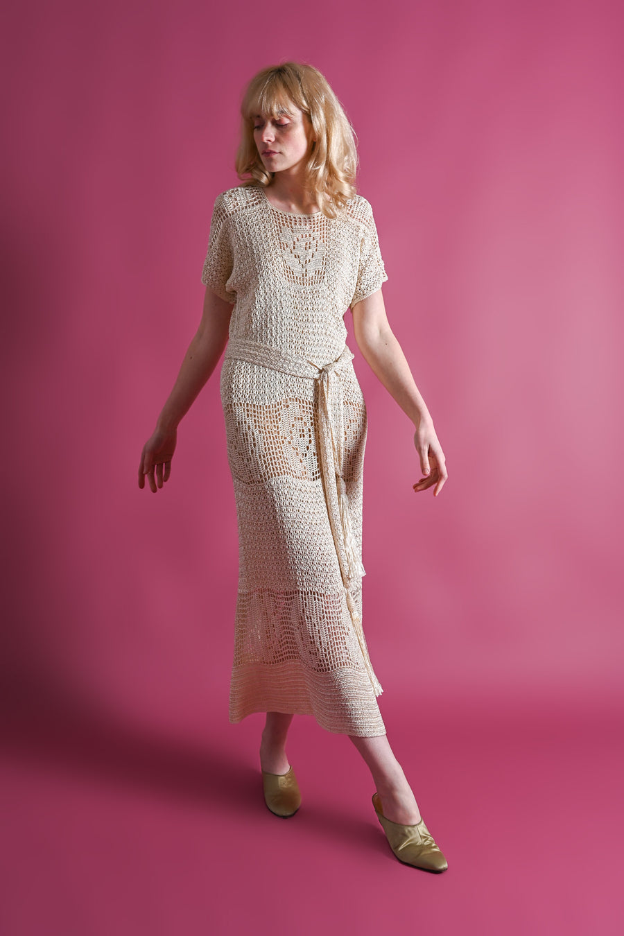 1920s Rayon Crochet Dress and Tassel Belt [sm/med/lrg]