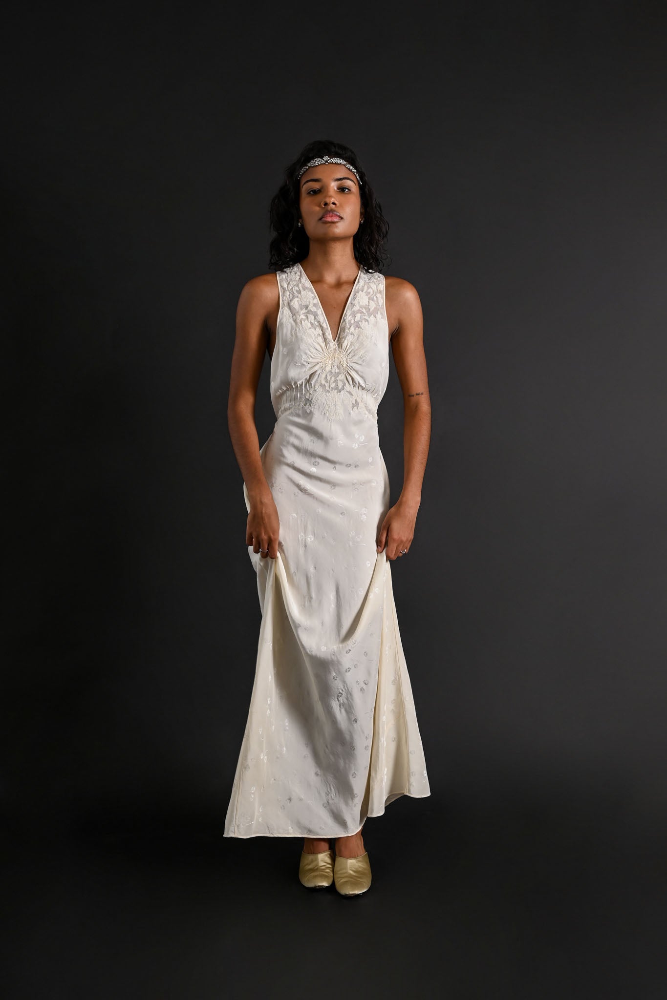 1930s Silk Jacquard X Back Bias Gown [sm/med]