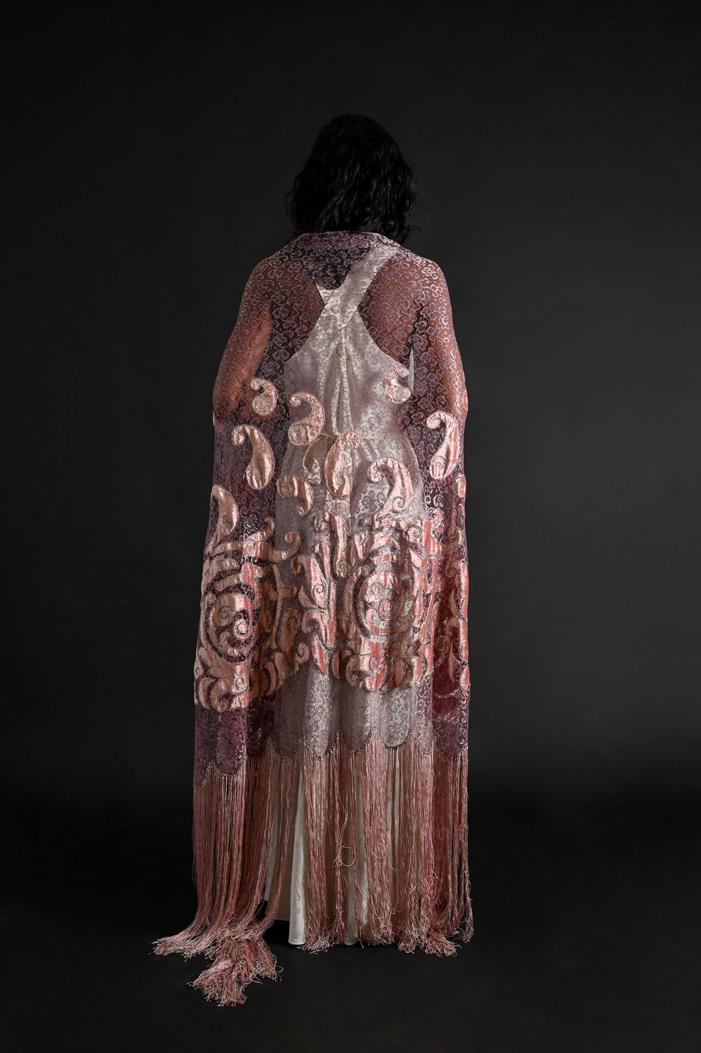 1920s Silk Velvet + Silver Lamé Lace Fringe Shawl