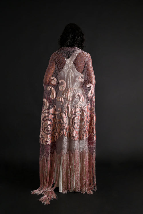 1920s Silk Velvet + Silver Lamé Lace Fringe Shawl
