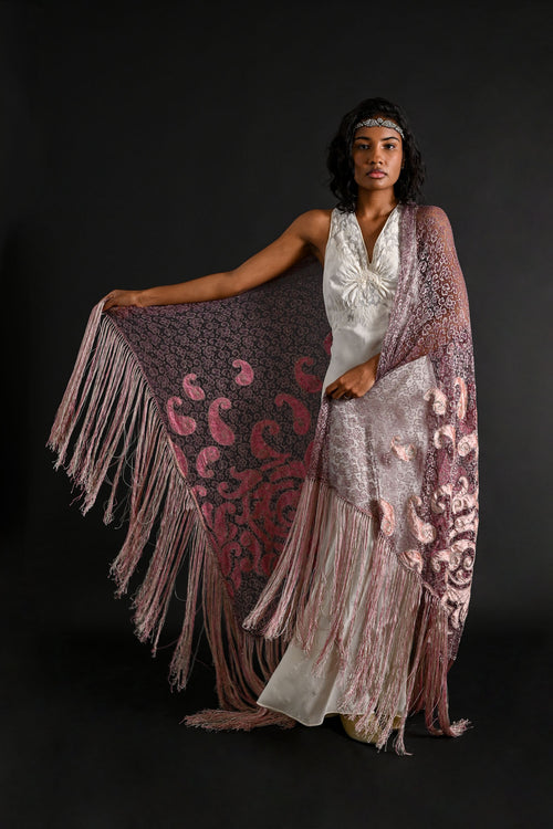 1920s Silk Velvet + Silver Lamé Lace Fringe Shawl