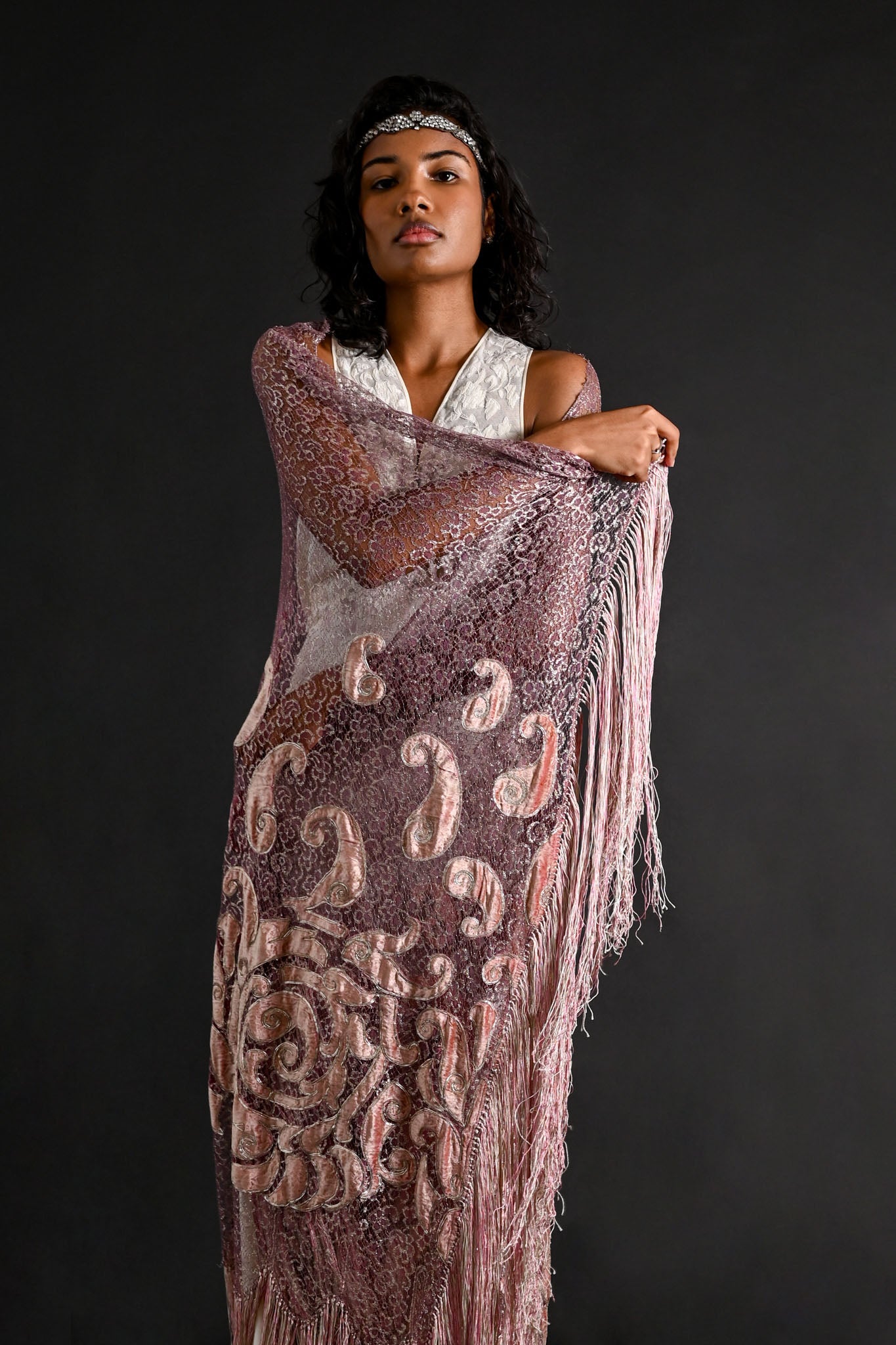 1920s Silk Velvet + Silver Lamé Lace Fringe Shawl