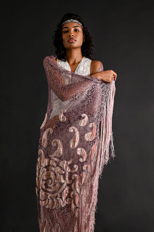 1920s Silk Velvet + Silver Lamé Lace Fringe Shawl