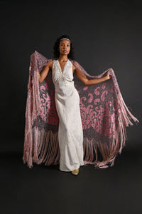1920s Silk Velvet + Silver Lamé Lace Fringe Shawl