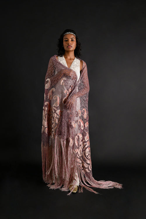 1920s Silk Velvet + Silver Lamé Lace Fringe Shawl