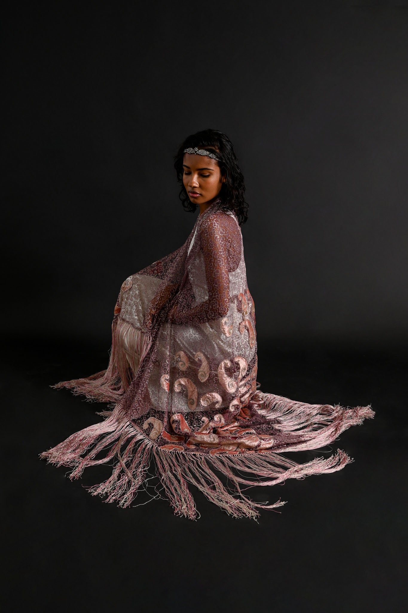 1920s Silk Velvet + Silver Lamé Lace Fringe Shawl