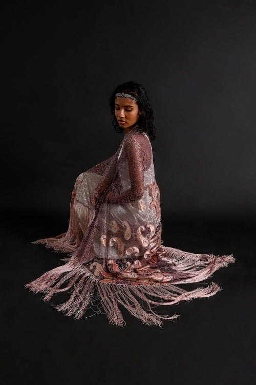 1920s Silk Velvet + Silver Lamé Lace Fringe Shawl