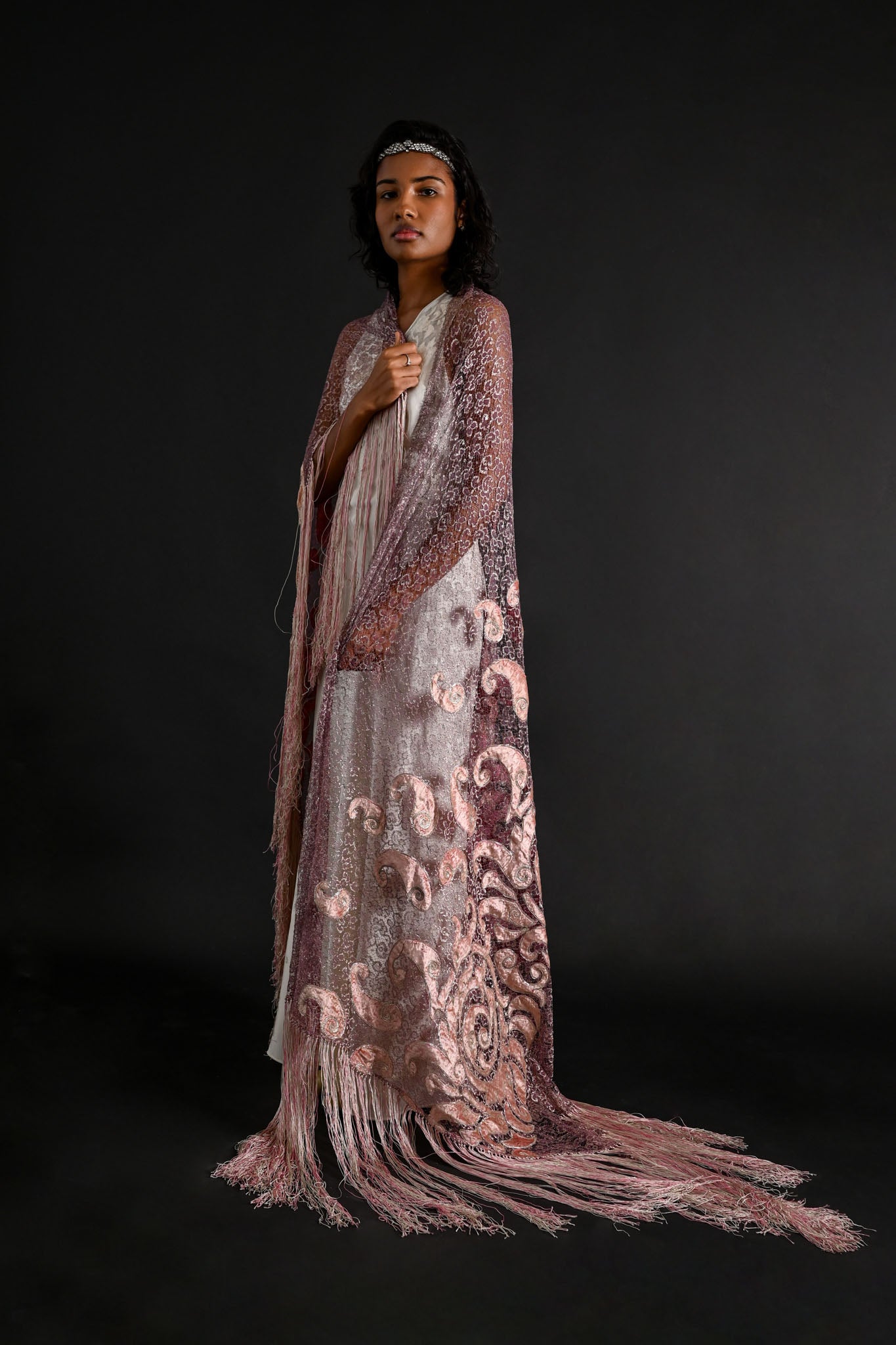 1920s Silk Velvet + Silver Lamé Lace Fringe Shawl