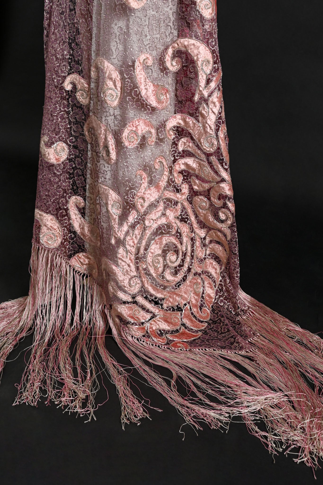 1920s Silk Velvet + Silver Lamé Lace Fringe Shawl