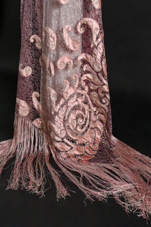 1920s Silk Velvet + Silver Lamé Lace Fringe Shawl