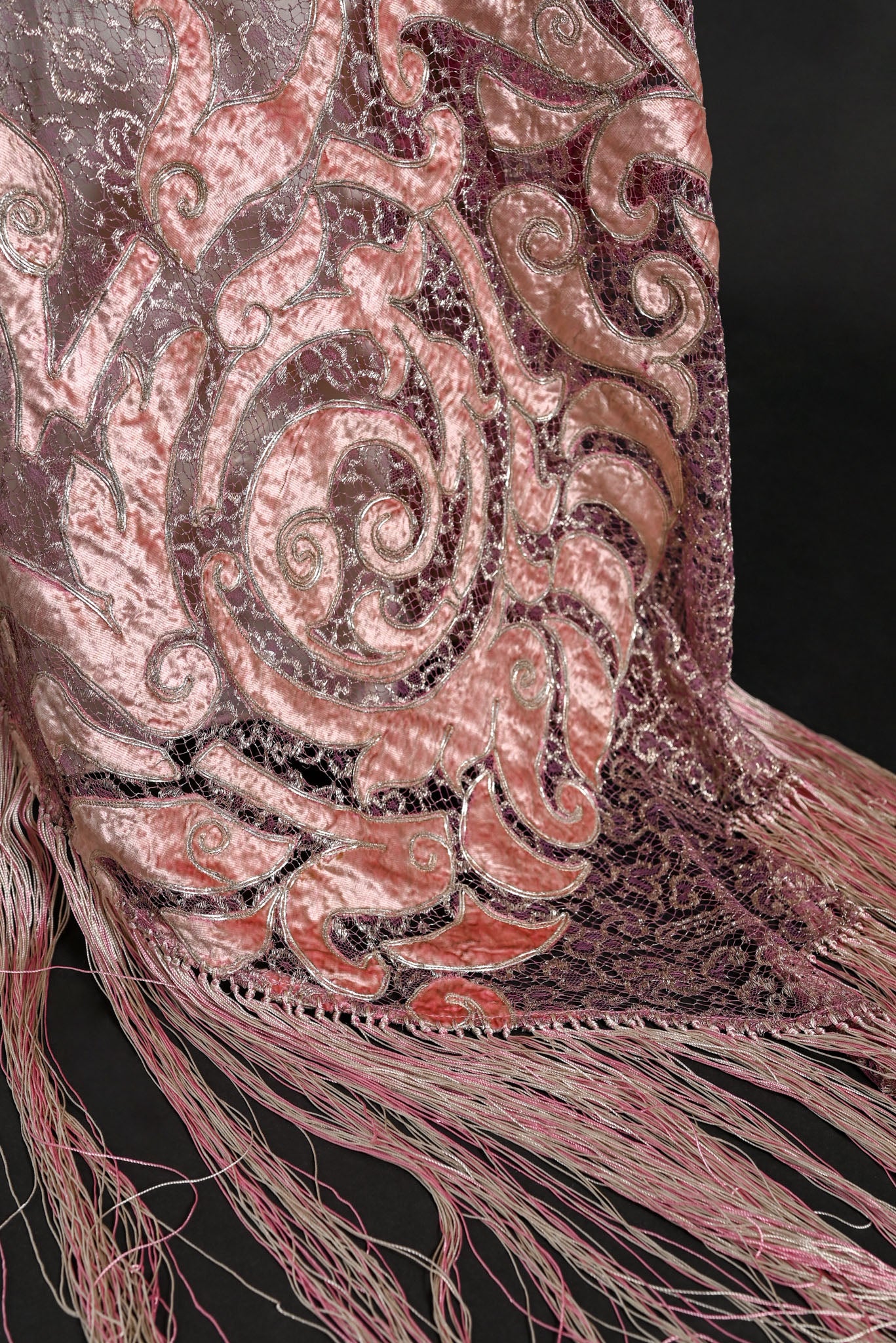 1920s Silk Velvet + Silver Lamé Lace Fringe Shawl
