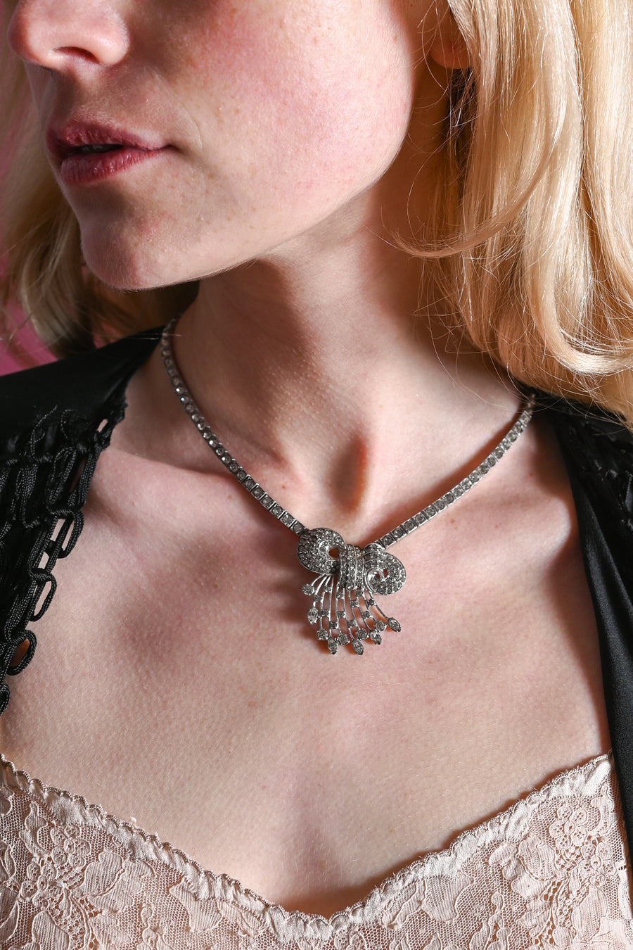 1930s Sterling Diamanté Bow Necklace