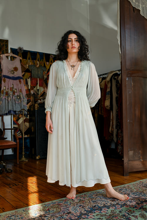 1930s Blue Honeycomb Smocked Peignoir [xs/sm/med]