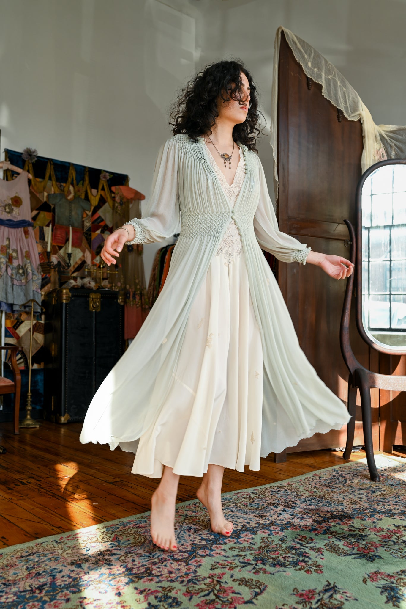 1930s Blue Honeycomb Smocked Peignoir [xs/sm/med]