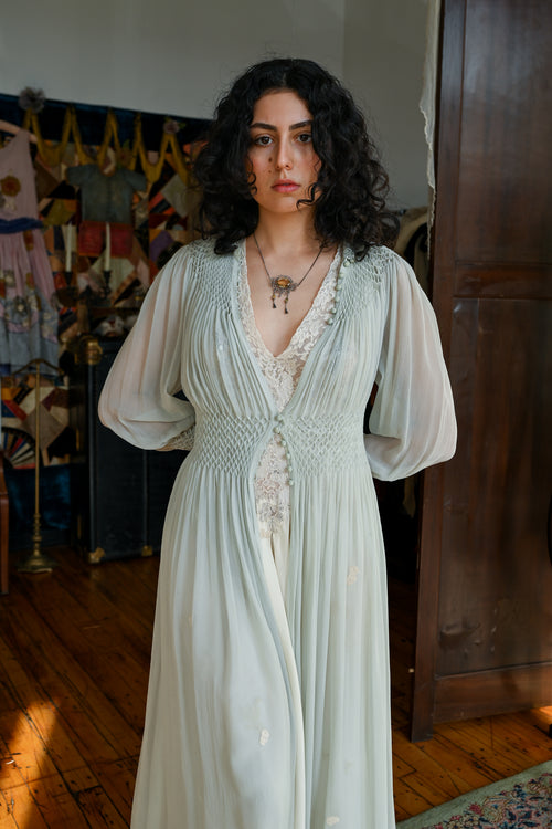 1930s Blue Honeycomb Smocked Peignoir [xs/sm/med]