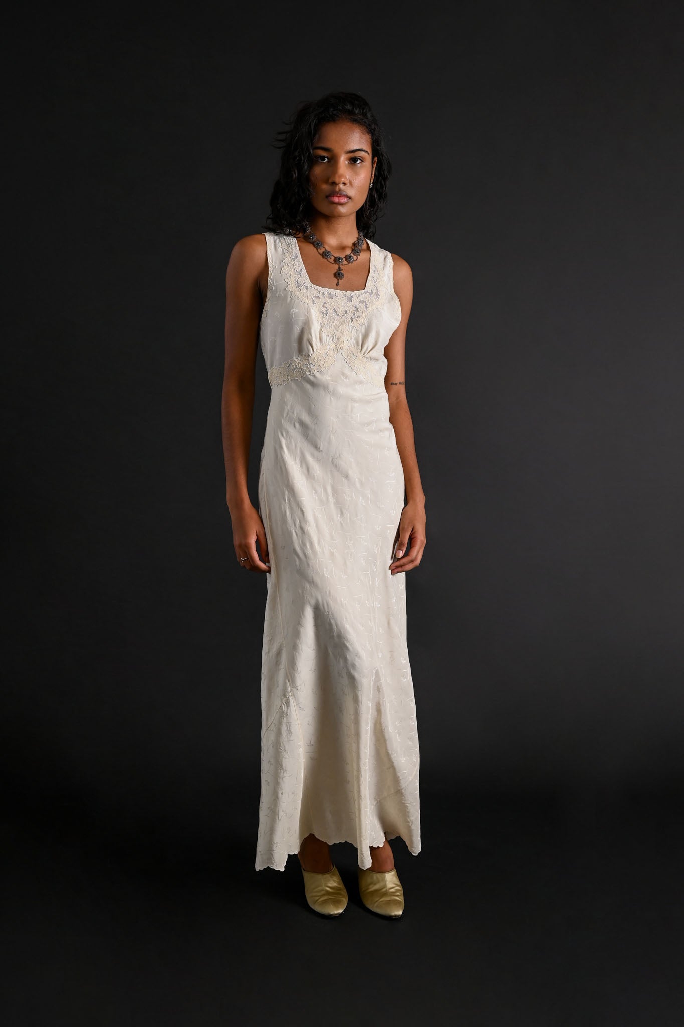 1930s Ivory Silk Jacquard Hand Embroidered Gown [xs/sm]
