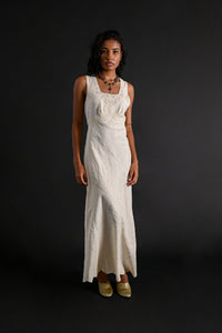 1930s Ivory Silk Jacquard Hand Embroidered Gown [xs/sm]