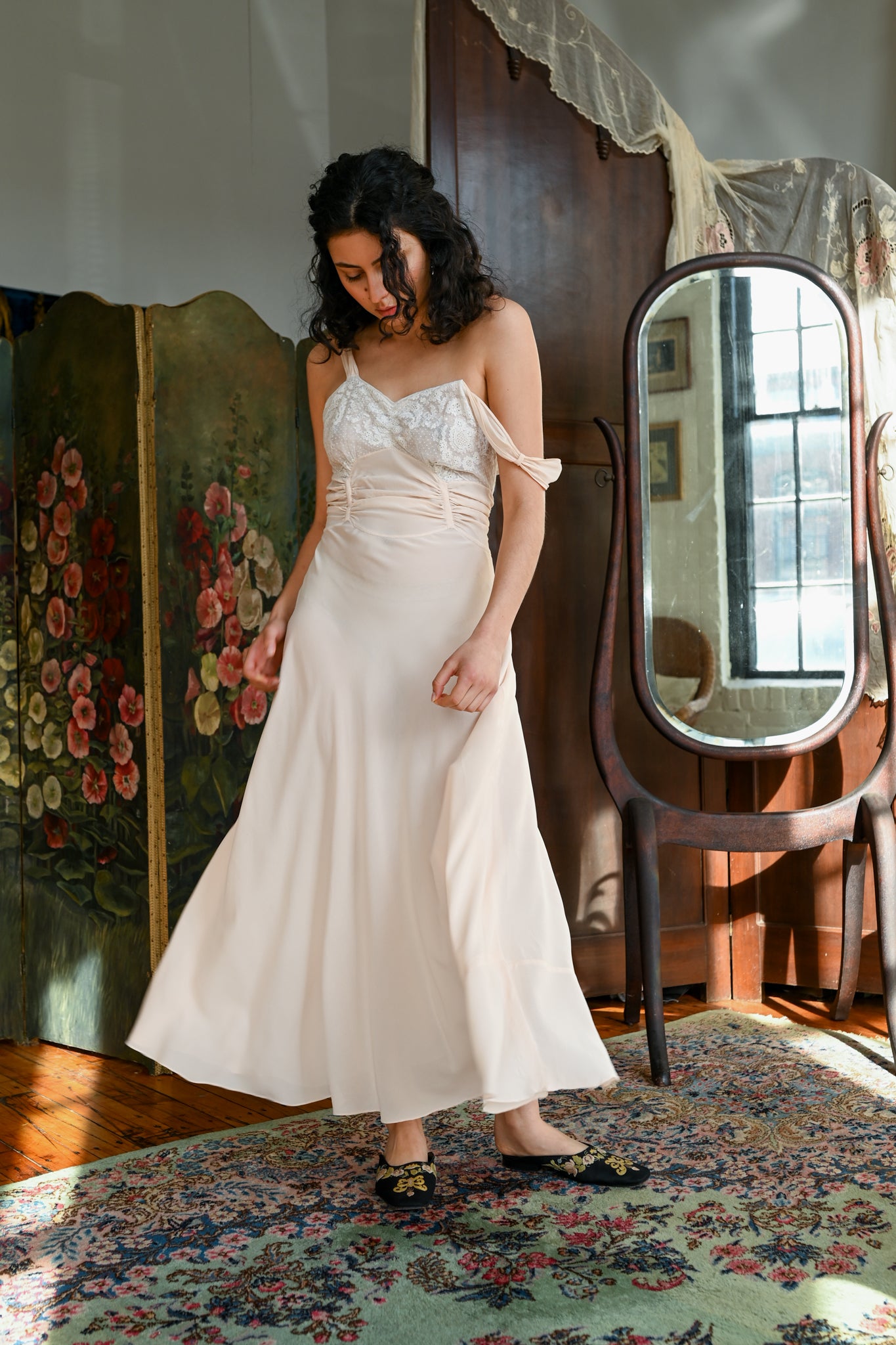 1930s Silk Crepe Tie Back Plunge Gown [xs/sm]