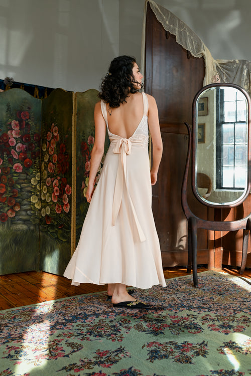1930s Silk Crepe Tie Back Plunge Gown [xs/sm]