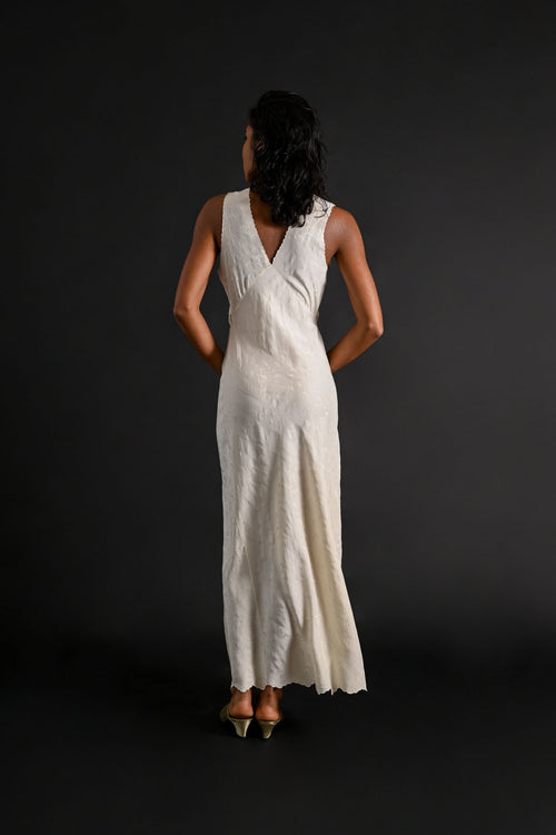 1930s Ivory Silk Jacquard Hand Embroidered Gown [xs/sm]