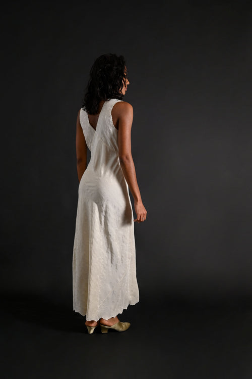 1930s Ivory Silk Jacquard Hand Embroidered Gown [xs/sm]