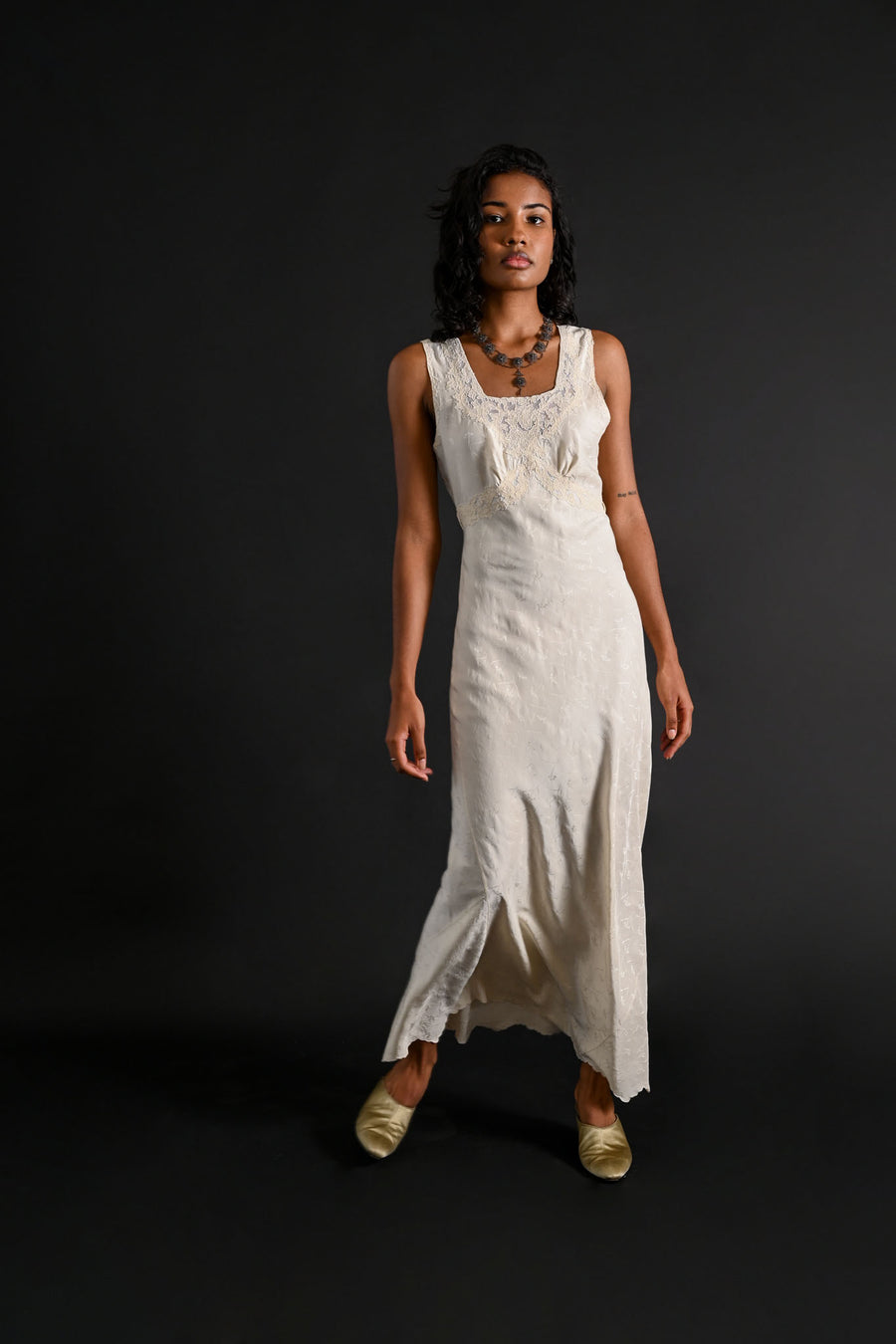 1930s Ivory Silk Jacquard Hand Embroidered Gown [xs/sm]