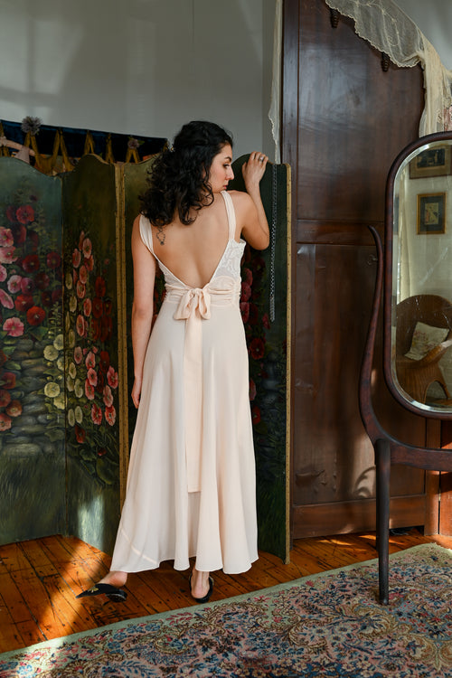 1930s Silk Crepe Tie Back Plunge Gown [xs/sm]