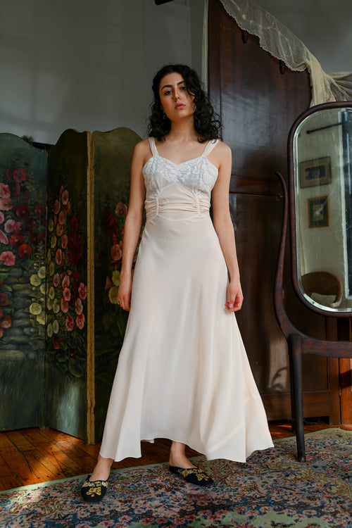 1930s Silk Crepe Tie Back Plunge Gown [xs/sm]