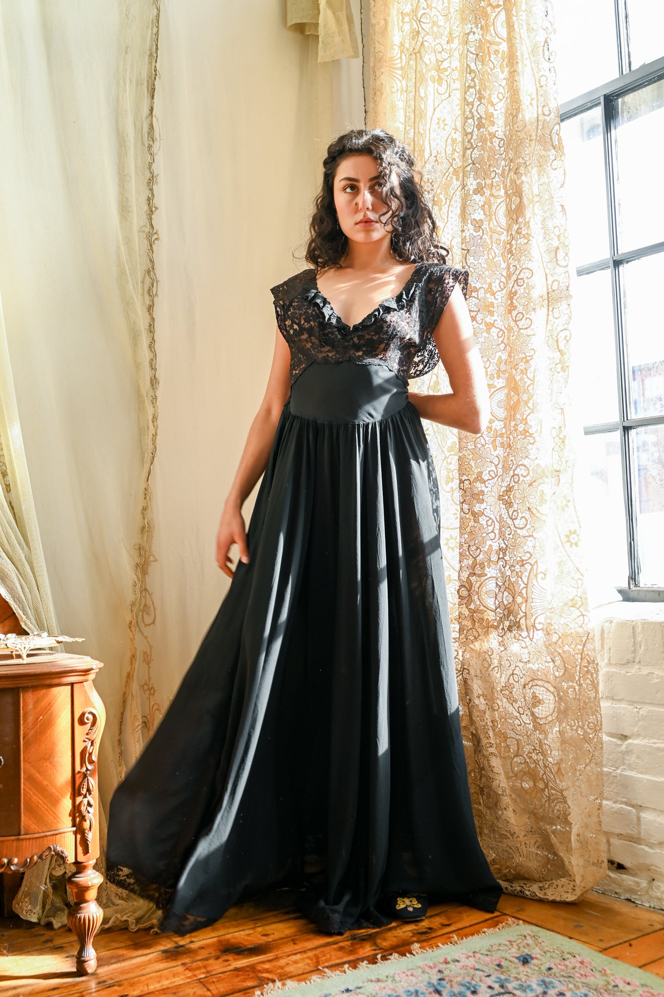 1940s Fischer's Black Silk Plunge Gown [med/lrg]