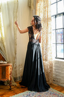 1940s Fischer's Black Silk Plunge Gown [med/lrg]