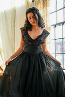 1940s Fischer's Black Silk Plunge Gown [med/lrg]