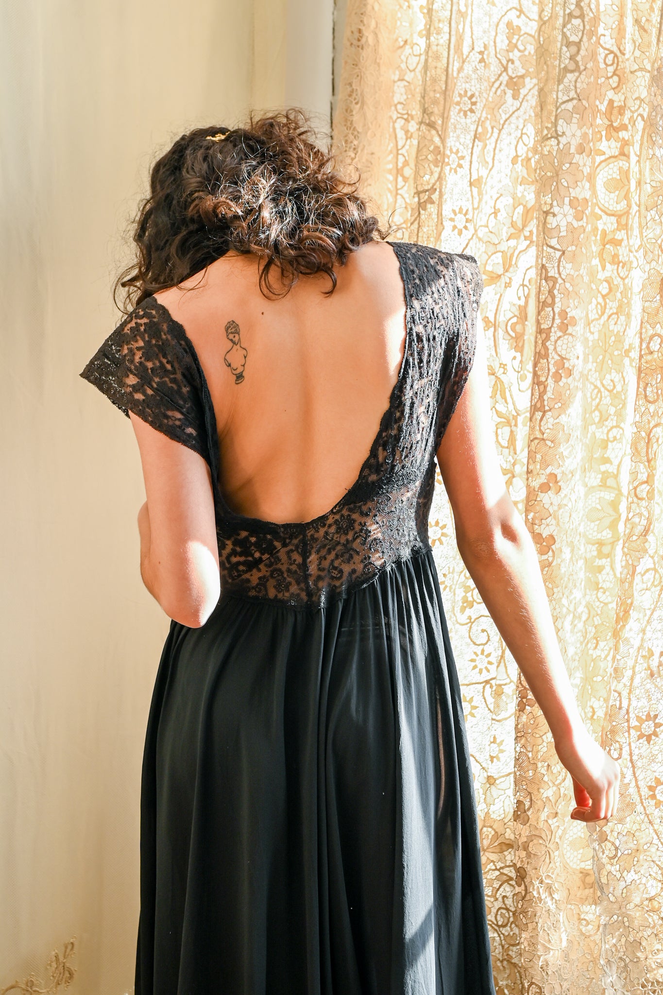 1940s Fischer's Black Silk Plunge Gown [med/lrg]