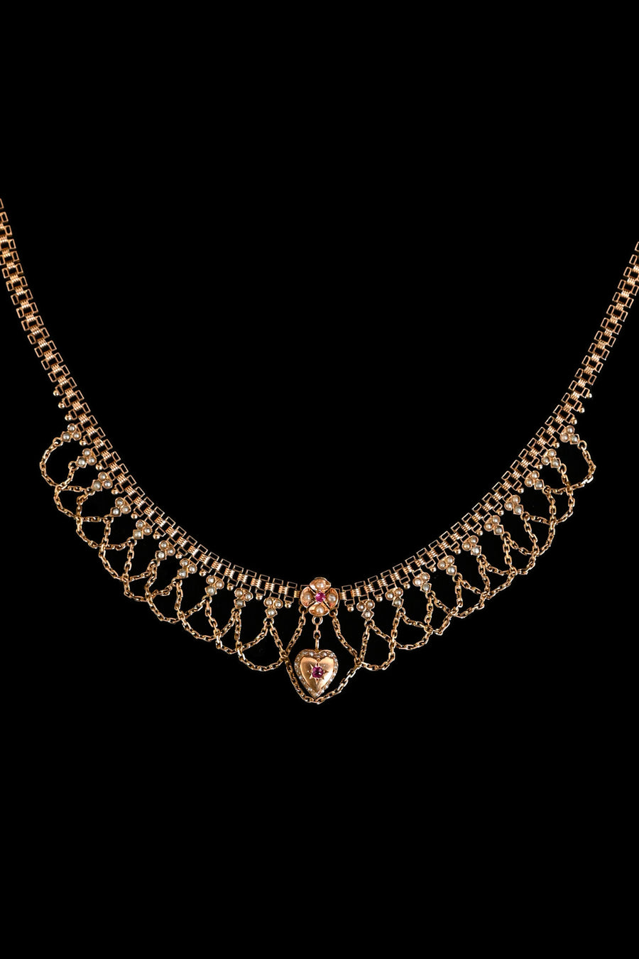 c1900 14k Ruby and Pearl Heart Festoon Necklace