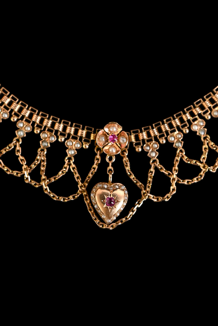 c1900 14k Ruby and Pearl Heart Festoon Necklace