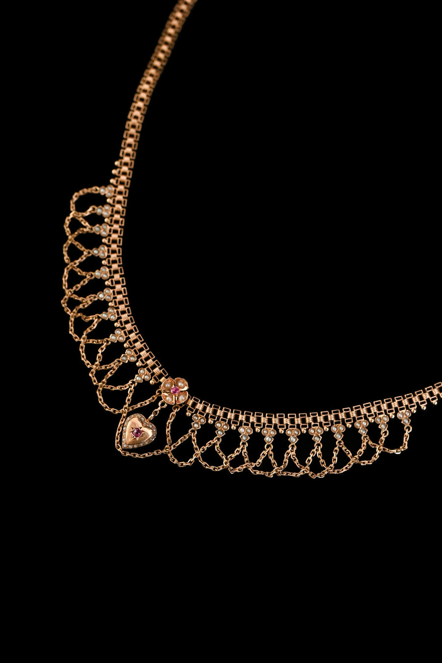 c1900 14k Ruby and Pearl Heart Festoon Necklace