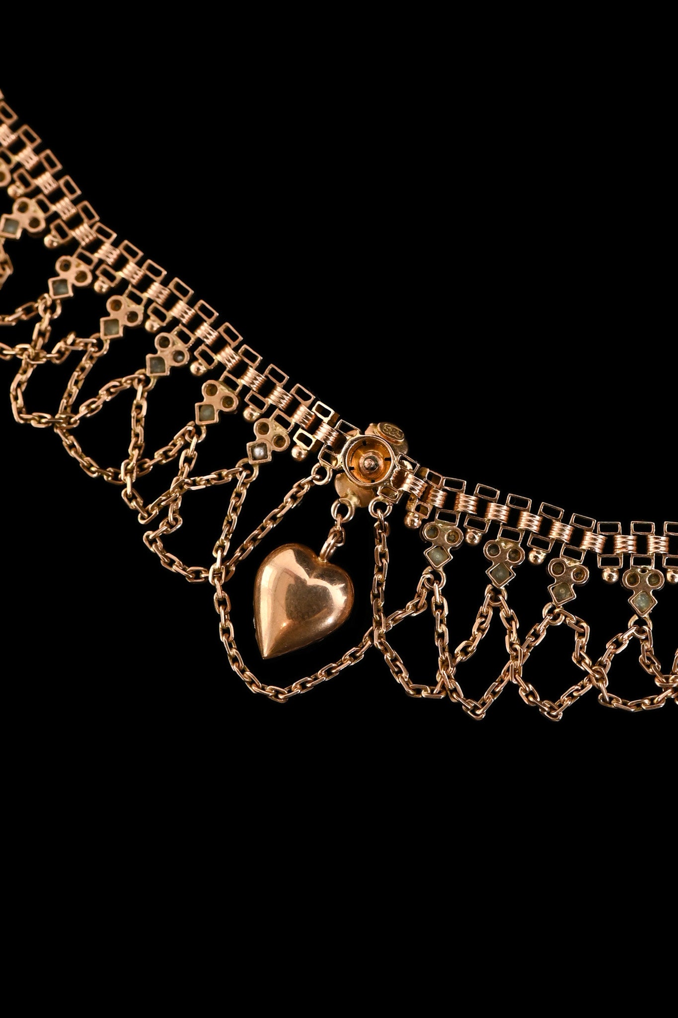 c1900 14k Ruby and Pearl Heart Festoon Necklace
