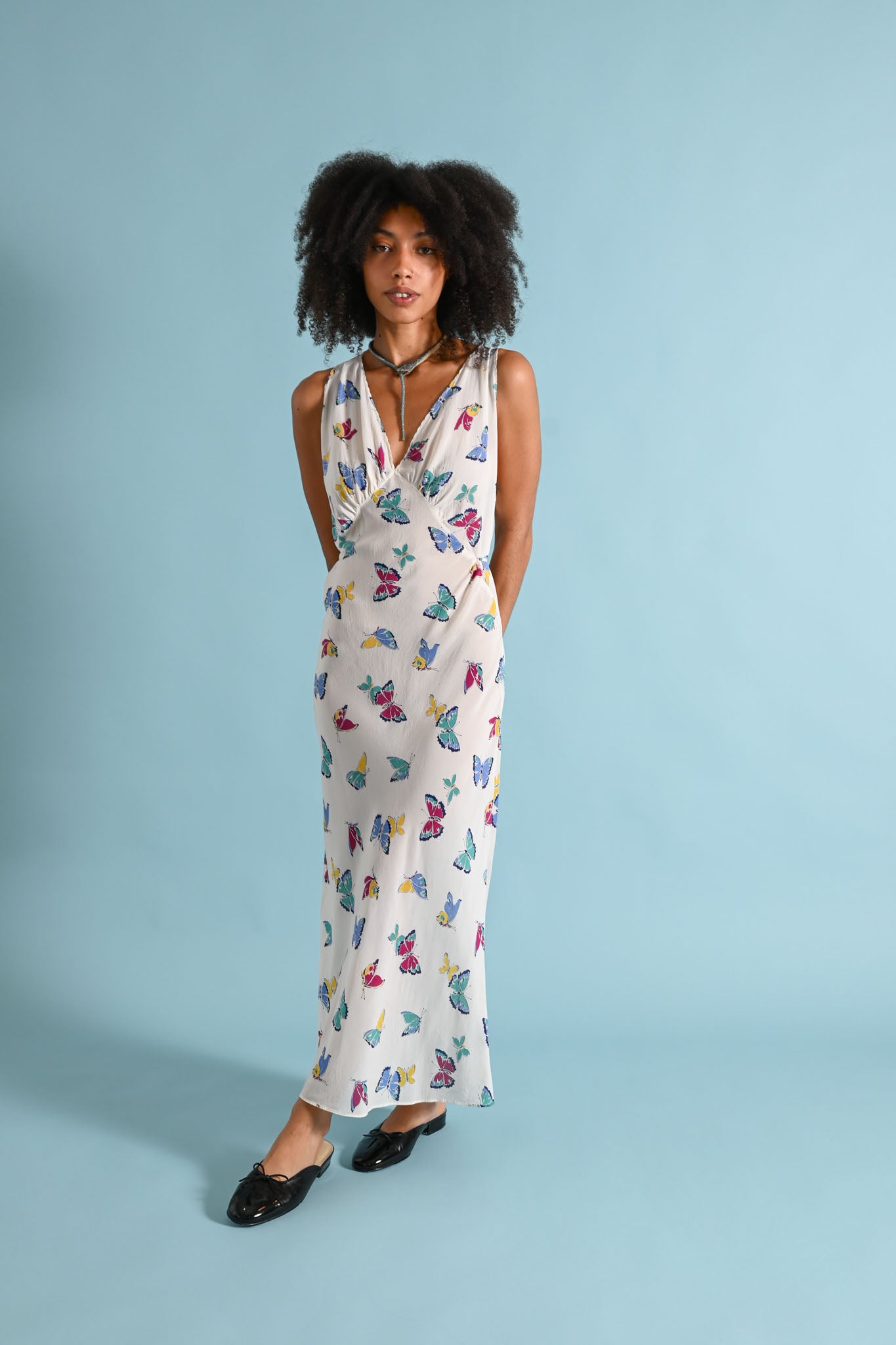 1940s Rayon Chiffon Butterfly Print Gown [sm/med]