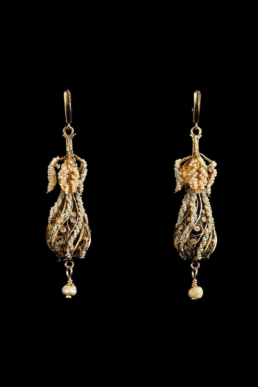 Georgian 14k Seed Pearl Spanish Filigree Earrings