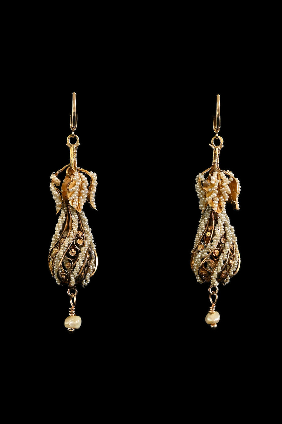 Georgian 14k Seed Pearl Spanish Filigree Earrings