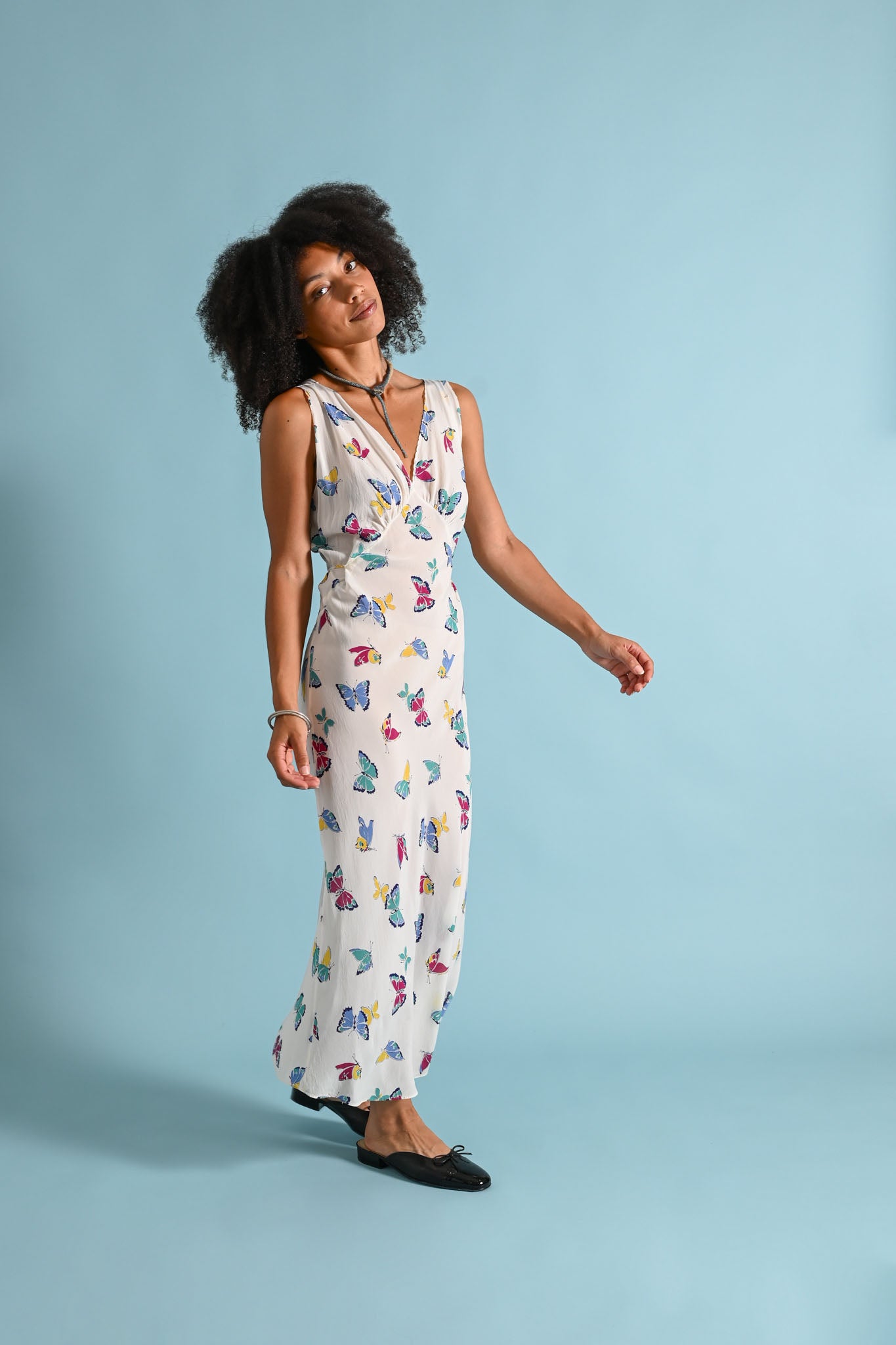 1940s Rayon Chiffon Butterfly Print Gown [sm/med]