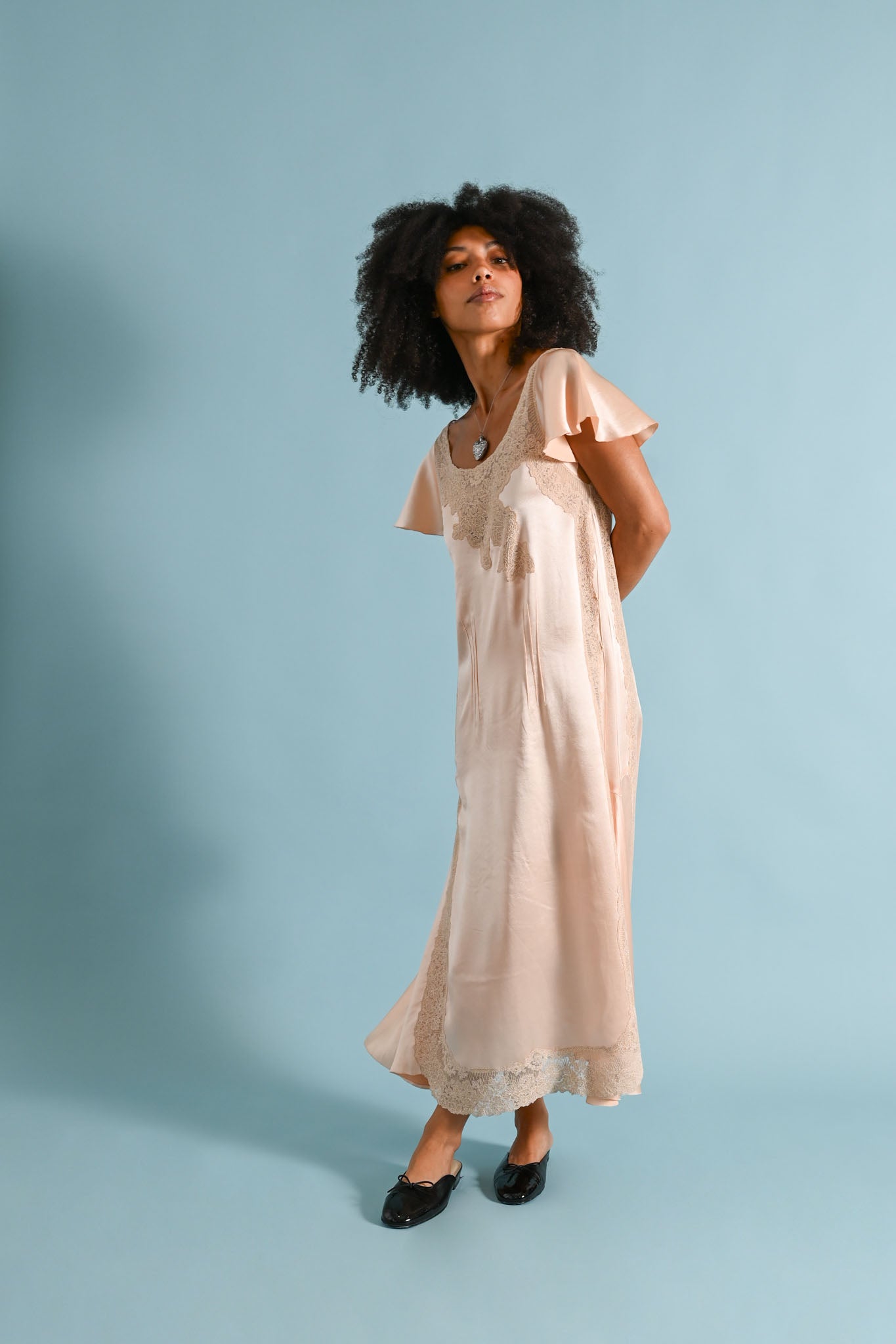 1920s Silk Satin Flutter Sleeve Gown [xs/sm/med]